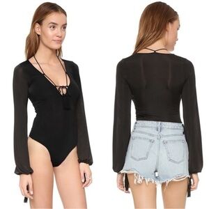 Revolve For Love & Lemons Kate Bodysuit Black Tassels Bell Sleeves Plunging